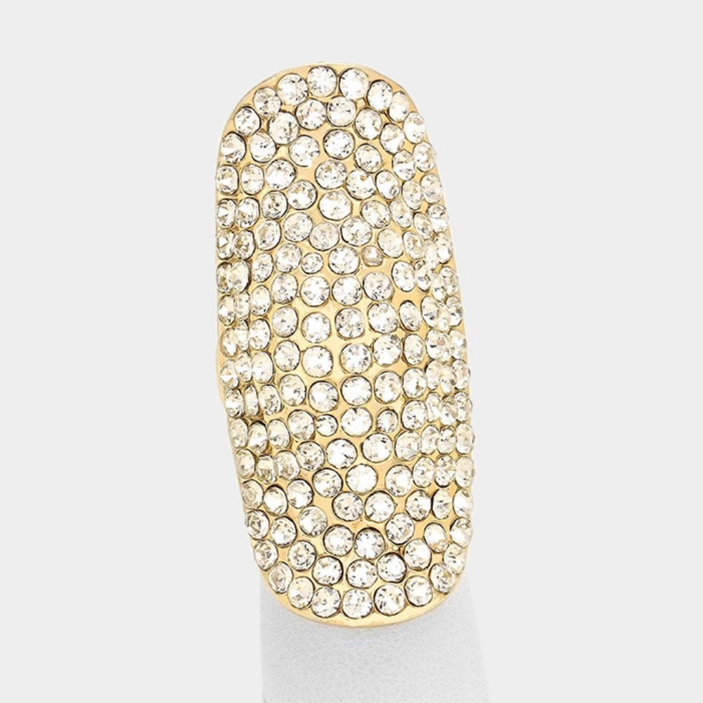 Gold Long Shield Rhinestone Crystal Shell Stretch Statement Ring Finger